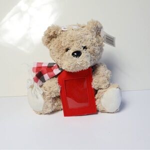NWT Bear stuffed photo frame plush toy beige red soft Valentine anniversary gift